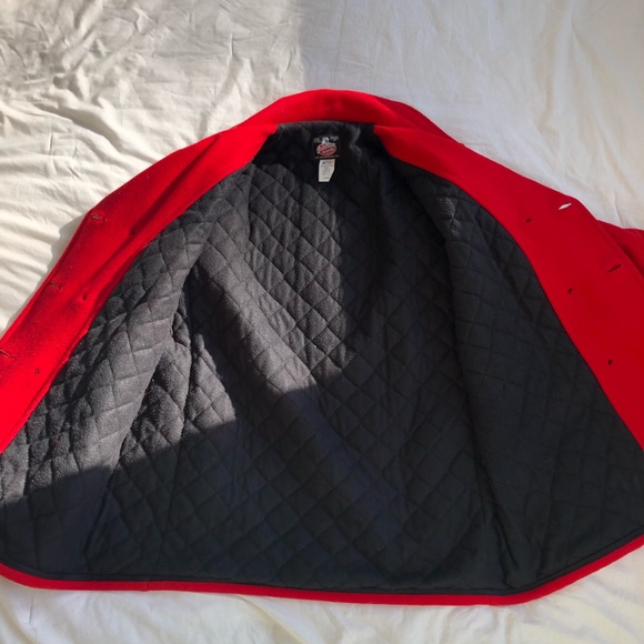 VTG Womens Johnson Woolen Mills WOOL Red Peacoat Jacket Sz L Blk Quilted Lining - Picture 11 of 13